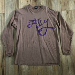Vintage Stussy T Shirt Mens Large Long Sleeve Brown Logo Tee Skateboard Hip Hop